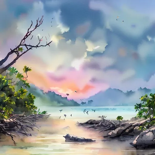 Prompt: Dawn over a lush mangrove shoreline with rocks, sand, corals, birds, fishes, crabs, and wildlife in watercolor