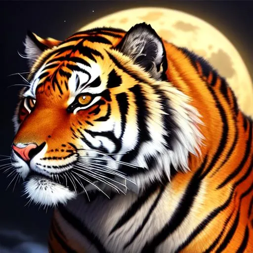 Prompt: Full-body detailed masterpiece, fantasy, high-res, quality upscaled image, perfect composition, subject of this image is a male bipedal tiger, black and orange striped fur, busty body, 18k composition, 16k, 2D image, cell shaded, fur covered torso, moonlight background, using a tiger as the base body, tiger head, long black and orange tail, 4 limbs, spread legs, furry chest, furry