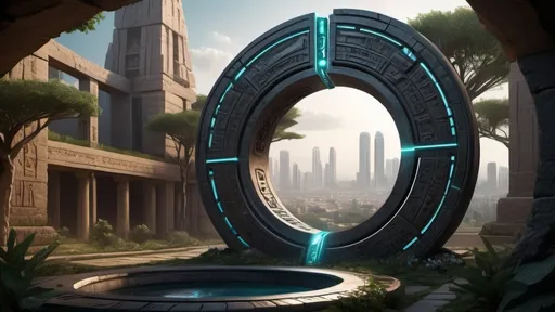 Prompt: magical portal between cities realms worlds kingdoms, circular portal, ring standing on edge, upright ring, freestanding ring, hieroglyphs on ring, complete ring, ancient babylonian architecture, gardens, turned sideways view, futuristic cyberpunk tech-noir setting