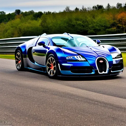 Prompt: Bugatti Veyron EB 16.4 taking a corner at Watkins glen, intense, racing, brake light trail, headlight trail, long exposure,