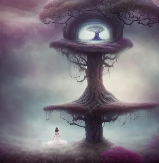 Prompt: Create an image of a surreal dream world, with floating clouds, upside-down trees, and whimsical creatures. The colors should be soft and pastel, with a hazy, dreamlike quality to the image. A girl with flowing hair and a vintage dress should be at the center of the scene, gazing out at the surreal landscape with a sense of wonder. The overall feel should be one of nostalgia and whimsy, evoking a feeling of a distant dream.