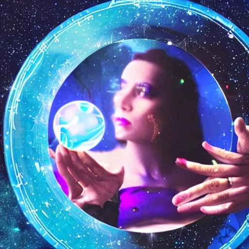 Prompt: A fortune teller looking into a crystal ball with a space background and tarot cards floating in space behind her in a cyberpunk style