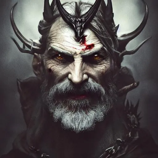 Prompt: Front of old Olgierd von Everec with devil horns and batwings, grey hair and with scarred face, dark woods, perfect composition, hyperrealistic, super detailed, 8k, high quality, trending art, trending on artstation, sharp focus, studio photo, intricate details, highly detailed, by greg rutkowski