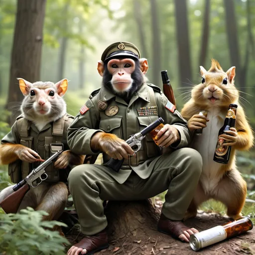 Prompt: Photorealistic woodland scene of a monkey, squirrel, and rabbit in military combat gear, carrying weapons, drinking beer, rabbit smoking a pipe, monkey smoking a cigarette, sunny, high quality, photorealism, military combat gear, woodland setting, detailed animals, beer cans, smoking pipe, sunny lighting