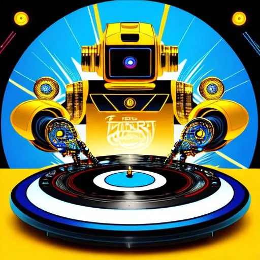 Prompt: artwork of t-shirt graphic design,  subject of this image is a retro robot dj playing set turntables vinyl disc detailed masterpiece, fantasy, high-res, quality upscaled image, perfect composition, , blue and gold scales, busty body, 18k composition, 16k, 2D image, cell shaded, robot