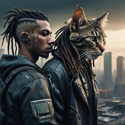 Prompt: Two cyberpunk cats, one is black and young man with dreads in post-apocalyptic landscape, highres, ultra-detailed, cyberpunk, dystopia, futuristic, post-apocalyptic, detailed fur, intense gaze, urban setting, industrial, moody lighting, desolate, dystopian, futuristic skyscrapers, ruined city, high-tech, cool tones