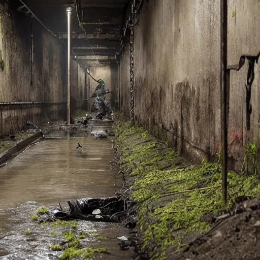 Prompt: creepy world of sewers, underground, dark, mossy, wet, dripping, technical shaft, rats, debris, trash,  wide angle, assymetric composition, post apocalyptic, overgrown,