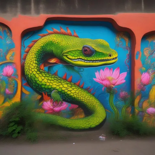 Prompt: wall graffiti art of a mexican salamandra, meeting a pretty female mermeid in the Lake of xochimilco