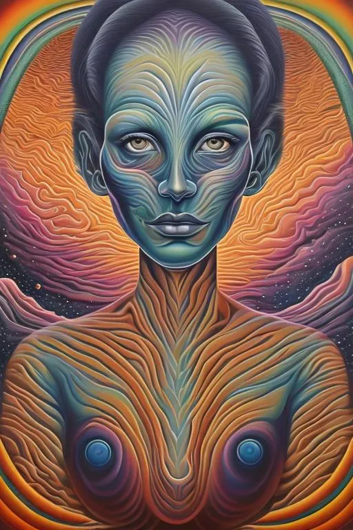 Prompt: Surreal portrait of beautiful female, cosmic landscape background, acrylic on canvas in style of alex grey