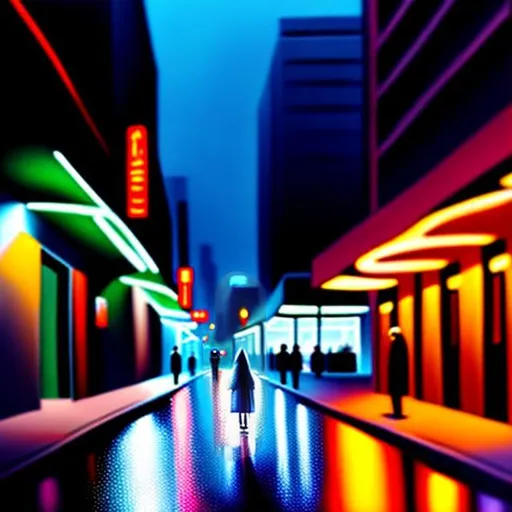Prompt: Oil painting .hooded figure walking down a  city street, neon lighting. Soft smooth lighting