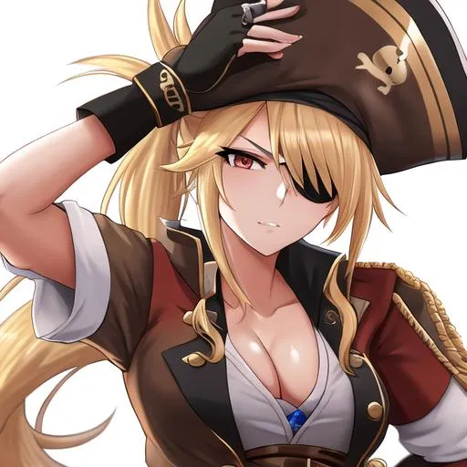 Prompt: Female pirate, (blonde hair pulled back into a ponytail) ,UHD, 8K, insane detail, best quality, high quality,  pirate, eye patch, fierce, friendly, pirate hat, highly detailed