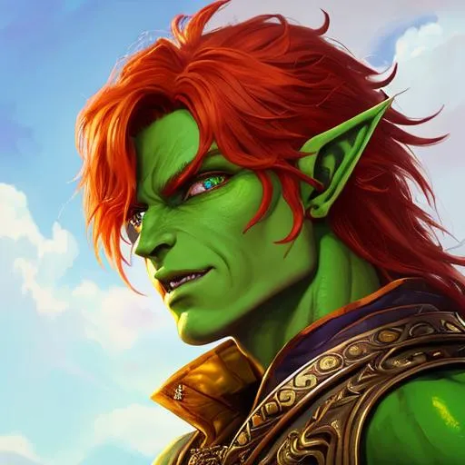 Prompt: oil painting, D&D fantasy, green-skinned-goblin man, green-skinned-male, small, short fiery red hair, wavy hair, crazy look, pointed ears, fangs, looking at the viewer, cleric wearing intricate adventurer outfit, #3238, UHD, hd , 8k eyes, detailed face, big anime dreamy eyes, 8k eyes, intricate details, insanely detailed, masterpiece, cinematic lighting, 8k, complementary colors, golden ratio, octane render, volumetric lighting, unreal 5, artwork, concept art, cover, top model, light on hair colorful glamourous hyperdetailed medieval city background, intricate hyperdetailed breathtaking colorful glamorous scenic view landscape, ultra-fine details, hyper-focused, deep colors, dramatic lighting, ambient lighting god rays, flowers, garden | by sakimi chan, artgerm, wlop, pixiv, tumblr, instagram, deviantart