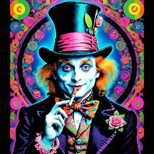 Prompt: Vintage Alice in Wonderland 1970's black light poster ofMad Hatter smoking a pipe with peace sign, vibrant psychedelic colors, retro artistic style, high quality, detailed floral patterns, glowing peace sign, colorful and vibrant, intricate details, 70's vintage, black light effect, vibrant colors, retro artwork, psychedelic, detailed floral patterns, fluorescent lighting