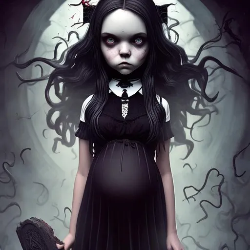 Prompt: full-body, Young pregnant girl looks like Wednesday Adams from Netflix serial, cake, sharpness, smoke, mystery, gothic, epic, hyperrealism, 3D detailed, incrustation, contrast forms and lines, contrast space and light, dof, photorealism, polimorphism, sheer, dark silk