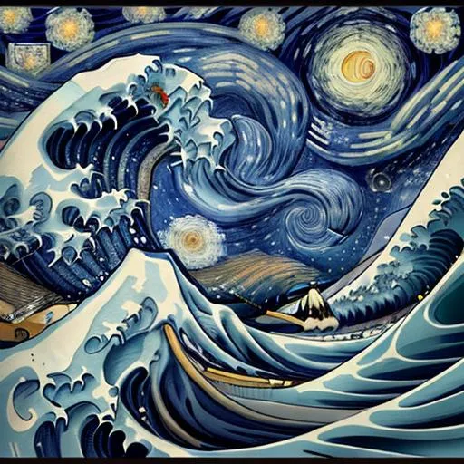 Prompt: the great wave of kanagawa, starry night style, van gogh, hdr, 8k, very detailed