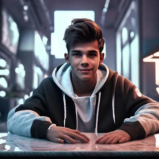 Prompt: Render of a young man sitting at a modern marble desk looking into the camera . The man is wearing a white hoodie, filmmaker neon blue background, scruffy short brown hair, hands on table, clear skin texture, cinematic, warm, soft lighting, close portrait smiling, 24MM lens, f/1.4, ar 9:16, in the style of a dixney pixar character.