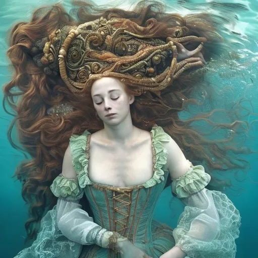 Prompt: woman in 16th century dress underwater sleeping.  hair, elaborate hair, fabric, lace, bubbles.