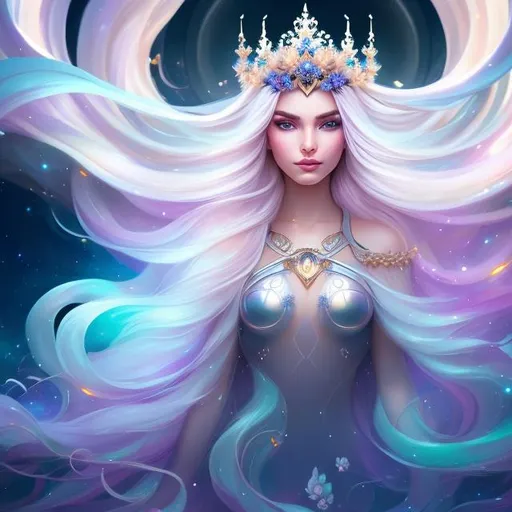 Prompt: moonflower cyborg princess with blonde flowing hair wearing a crown with multiple moonflowers around it, 8k resolution, A Masterpiece, Art station, Great Composition, Covered In Flowers, full body portrait, insanely detailed, outside, ambient lighting, hyper realistic, beautiful symmetrical face, fantasy, regal, nebula background