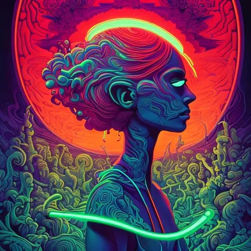 Prompt: Hypnotic illustration of Thomas Boutell hawkins, hypnotic psychedelic art, pop surrealism, dark glow neon paint, mystical, Behance 