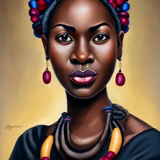 Prompt: face of a beautiful teacher , black skin, round face , African neck jewelry , dark colors, portrait, beautiful face , oil painting, low detail, hair style bantu knots 