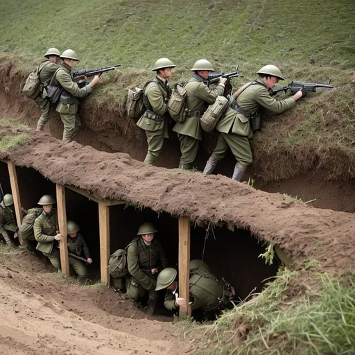 Prompt: A World War One Trench in color with World War One soldiers in the World War One Trench in the rain and some World War One Soldiers look over the trench with their rifles and some World War One Soldiers dead and some World War One soldiers hiding, The World War One Trench is made of wood and dirt, and World War One jumping over the trench, in the middle battle.