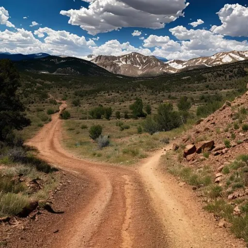 Prompt: colorado dirt road in the mountains with a view of a lake, photo-realistic