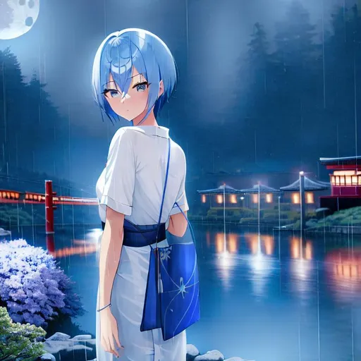 Prompt: Girl with blue hair , night, moon, anime, city, train, landscape photography, rain, blue, rill, japan, spirit away, short hair 