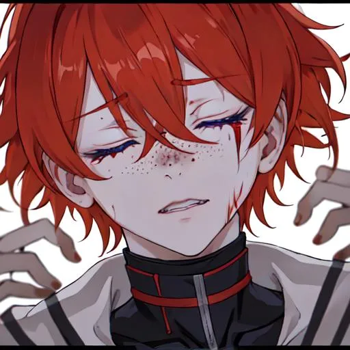 Prompt: Erikku male adult (short ginger hair, freckles, right eye blue left eye purple)  UHD, 8K, insane detail anime style, covered in blood, psychotic, covering his face with his hands, face covered in blood and cuts, blood highly detailed, crying out in pain, eyes closed