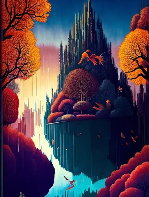 Prompt: ART DECO AUTUMN TREES, falling leaves, birds, hills, wind, clouds, castle, AURIKA PILIPONIENE IRA KENNEDY MARCI MCDONALD HOLAKANOLA MARIA SERAFINA DEBBIE CRISWELL victo ngai henri rousseau vladimir kush Arief Putra Anita Inverarity Alenka Sottler Itzchak Tarkay remedios varo. Super clear resolution, cinematic smooth, polished finish, watercolor ink.