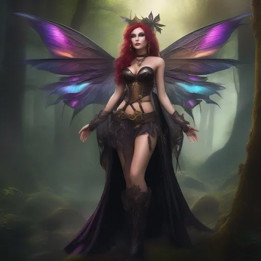 Prompt: Epic. Cinematic. Shes a (colorful), Steam Punk, gothic, witch. ((spectacular)), Winged fairy, with a skimpy, ((colorful)), gossamer, flowing outfit, standing in a forest by a village. ((Wide angle)). Detailed Illustration. 8k.  Full body in shot. (Hyper real painting). Photo real. A ((beautiful)), shapely, woman with ((anatomically real hands)), and ((vivid)) colorful, ((bright)) eyes. A ((pristine)) Halloween night. (Concept style art). 