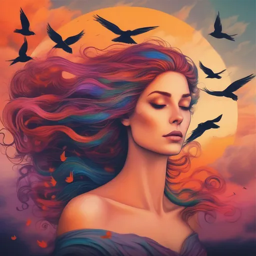 Prompt: colourful and beautiful Persephone with hair that is made out of a sunset with clouds and flying birds