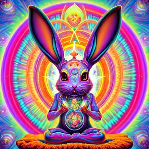 Prompt: portrait ultra dimensional rabbit with long ears, enlightenment tripping on dmt, psychedelic experience, ascending through the fifth dimension moving at the speed of light and sitting still, chakras, third eye, symmetry, portal, buddha, ultra high definition, unreal engine 5, hyperrealism, masterpiece composition, by todd schorr, casey weldon, barclay shaw, alex grey