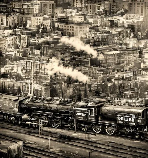 Prompt: old steam trains rolling on tracks through a 1930's city, old photography, black and yellow main colors