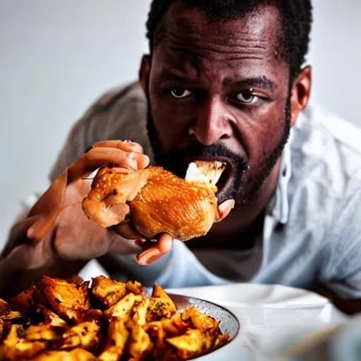 Prompt: black man eating chicken