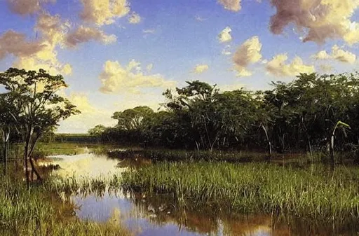 Prompt: Florida everglades landscape, beautiful artwork by peder mork monsted