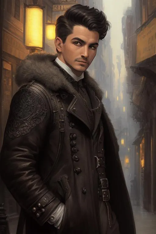 Prompt: intricate hyperdetailed close up portrait of 1 man vintage flyin on the old dark street valley, at night, hyperdetailed complex, muscular body, hyperdetailed intricate short hair, stray hairs, hyperdetailed complex, degas style painting,

looking from front, character concept,

masterpiece hyperdetailed degas style painting hyperdetailed vintage luxury texture black long leather coat,

mystery environment, interactive exhibits, Degas Style Painting, fantasy environment, 1800s environment,

at night, very dark, dark sky, heavy rain, dark environment, hyperdetailed red moon, hyperdetailed glowing glamour street light, glowing glamour light, studio lighting, cinematic light, highly detailed glamour light reflection, iridescent light reflection, hyper detailed strong shading, cozy, fog, glamour,

impressionist painting,

volumetric lighting maximalist photo illustration 64k, resolution high res intricately detailed complex,

Alphonse Mucha, Prince, David Bowie, hyperdetailed digital painting, hyperdetailed digital art, Modern Art, Pop Art, detailed sharp focus, hyperdetailed brush strokes, realistic art, clean art, professional, colorful, rich deep color, concept art, UHD, HDR, 64K, RPG, UHD render, HDR render, 3D render cinema 4D,
