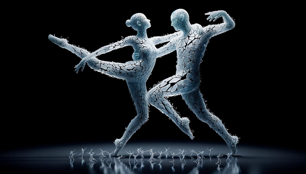 Prompt: Photorealistic 3D rendering of people sculpted entirely from cracked glass, gracefully dancing together. The intricate cracks on their bodies catch the light, creating a mesmerizing display of reflections and refractions.