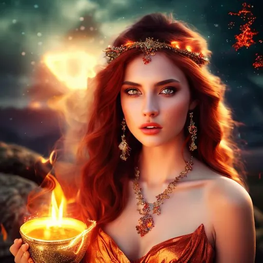 Prompt: HD 4k 3D 8k professional modeling photo hyper realistic beautiful woman ethereal greek goddess of hearth, home, domesticity and chastity
fiery red hair brown eyes gorgeous face tan skin orange shimmering dress jewelry headpiece full body surrounded by magical glowing firelight hd landscape background of enchanting mystical flames