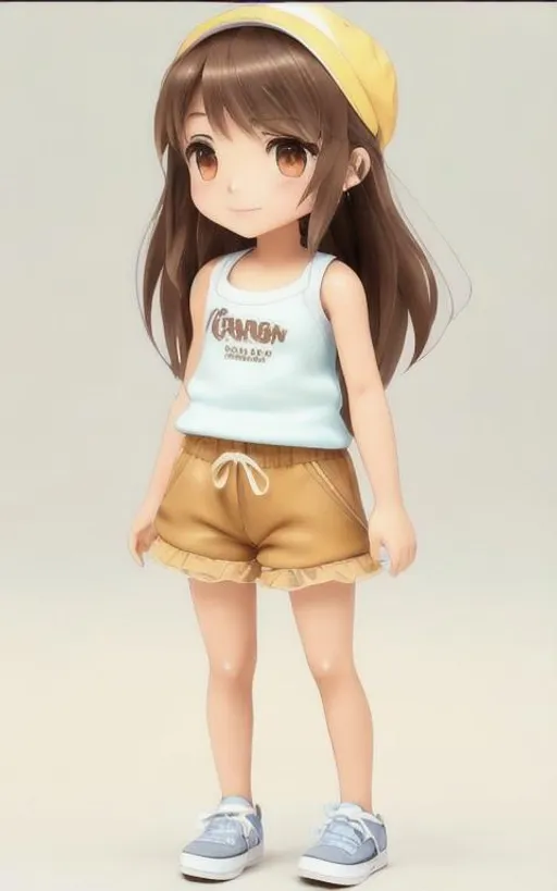 Prompt: A girl with chocolate brown hair that goes all the way down to her bottom, with hazel brown eyes and light tan skin, wearing comfy shorts and a sleeveless and strapless shirt and a cap all light yellow, also wearing light blue heart earrings, in a hand-drawn, storybook style, 2D. Perfect features, extremely detailed. Krenz Cushart + loish +gaston bussiere +craig mullins, j. c. leyendecker +Artgerm.