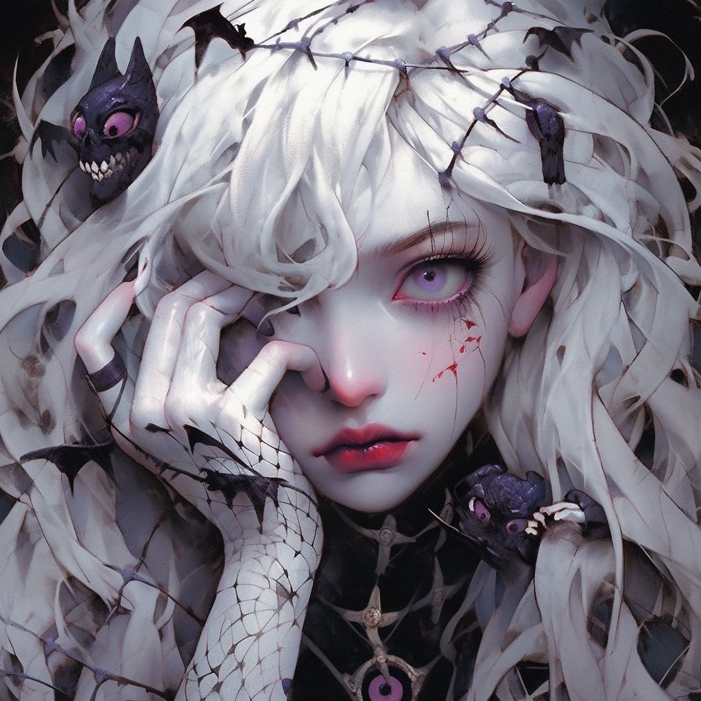 Prompt: a scary girl with vampire makeup, in the style of jeff soto, dark white and light purple, mark brooks, frank cadogan cowper, junglecore, grisaille, depicts real life