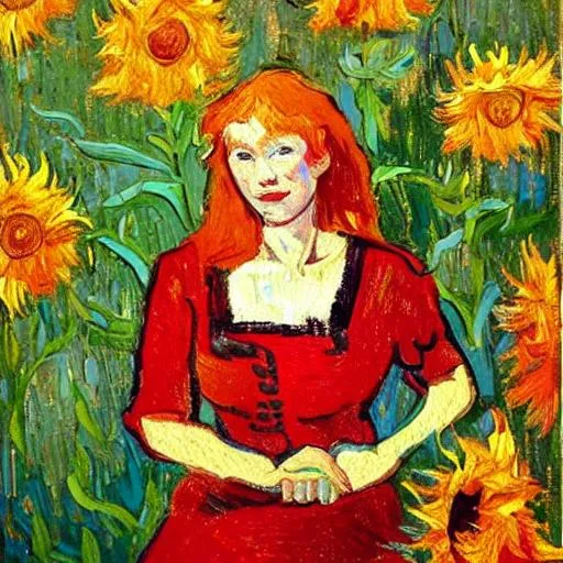 Prompt: Portrait of a pretty red-haired woman holding sunflowers. Post-impressionist, thick brushstrokes, van gogh style.