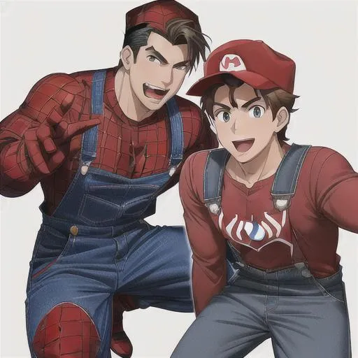 Prompt: Peter Mario is a charismatic and agile character that combines the iconic elements of both Mario and Spider-Man.

Peter Mario has a similar overall appearance to Mario, with his trademark red hat, blue overalls, and brown boots. However, he also incorporates elements of Spider-Man's costume design. He wears a red and blue jumpsuit, similar to Mario's overalls, but with web-like patterns on the blue areas, resembling Spider-Man's suit. His gloves and boots have web-shaped patterns as well, giving him enhanced traction and grip.

Peter Mario's red hat features a small spider symbol, representing his Spider-Man influence. Additionally, he wears a red mask that covers the upper half of his face, leaving his expressive eyes visible. The mask has web-like patterns extending from the eyes, further blending the two characters' aesthetics.