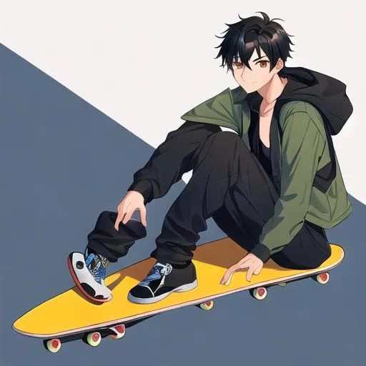 An anime boy riding a skateboard in fire