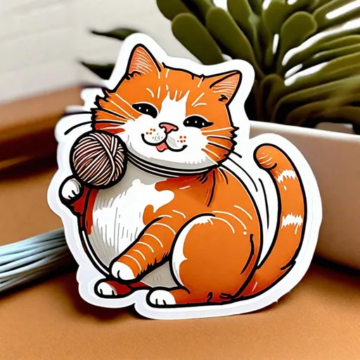Prompt: a sticker of a ginger cat playing with a yarn ball, thick white outline