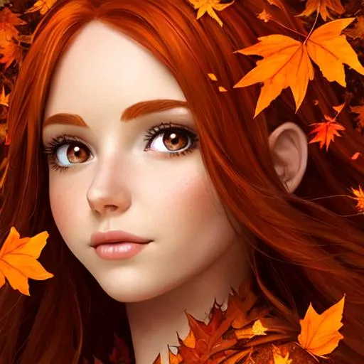 Prompt: fairy goddess of autumn, warm colors,  auburn hair, warm brown eyes, falling leaves,closeup