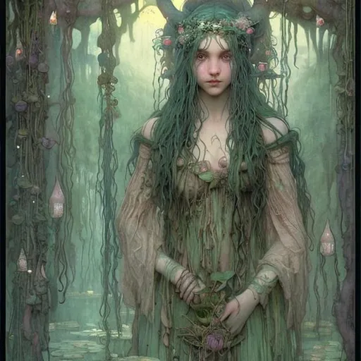 Prompt: Druid witch Girl with pretty detailed face and sea foam green hair in a swamp at sunset with peach water lilies and  hanging lanterns by John bauer high contrast John William Waterhouse high bloom concept art