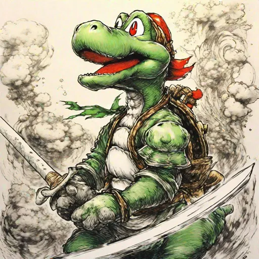 Prompt: Yoshi In The style of Yoshitaka Amano