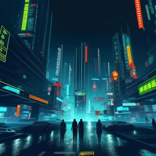 Prompt: cyberpunk city night high contrast people streets