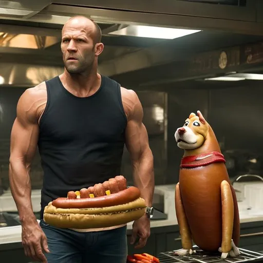 Prompt: jason statham and Tua as a hot dog