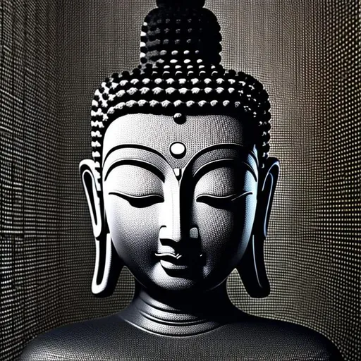 Prompt: b&w thin buddha sitting in cyberspace, iconic, highly stylized